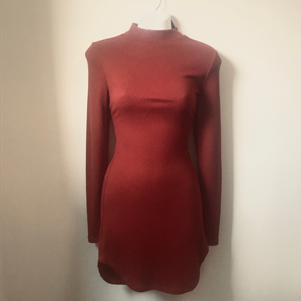 Coral red ribbed mock neck dress